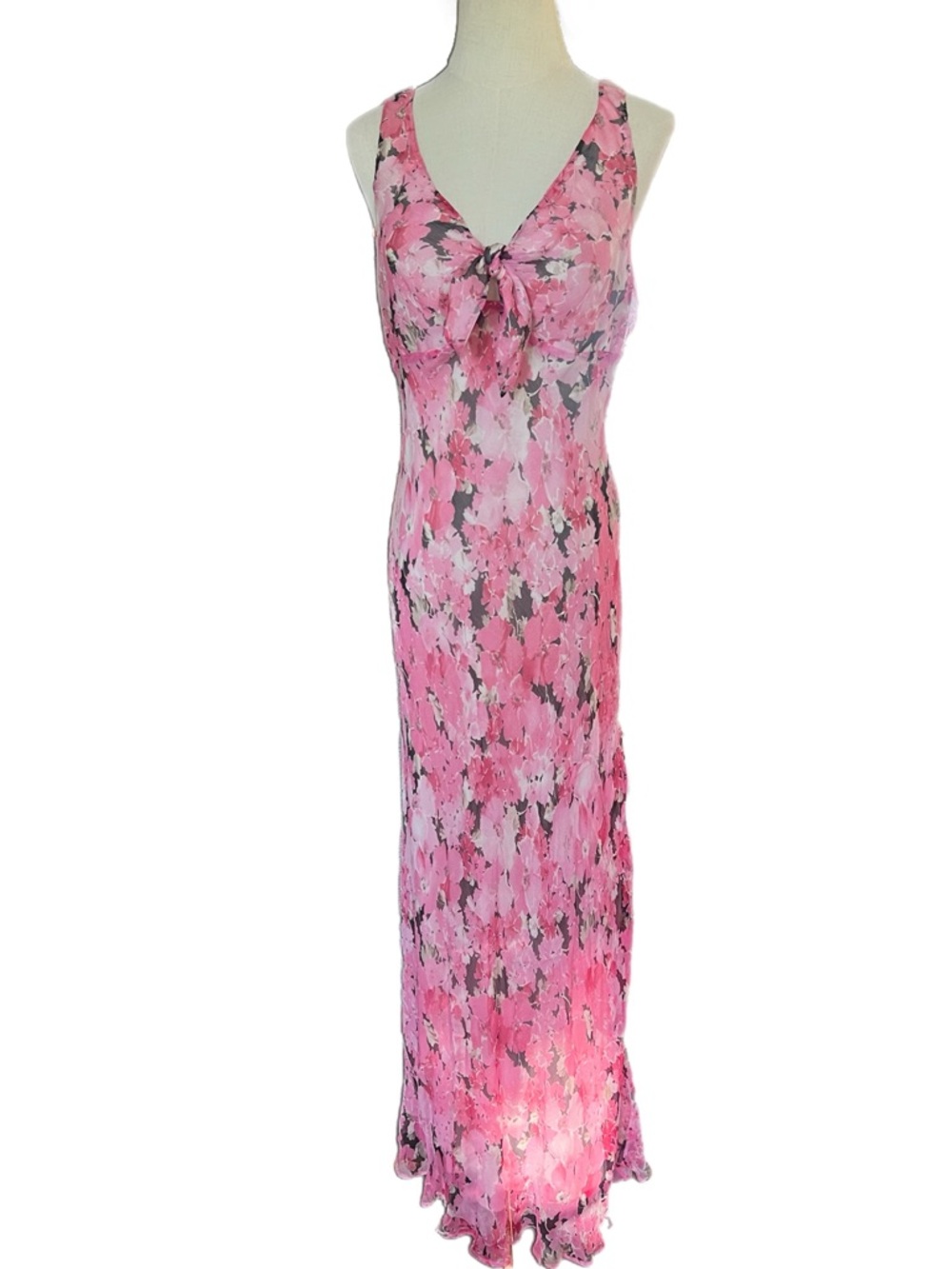 100% Silk Pink Floral Garden Romantic Sleeveless Maxi Dress